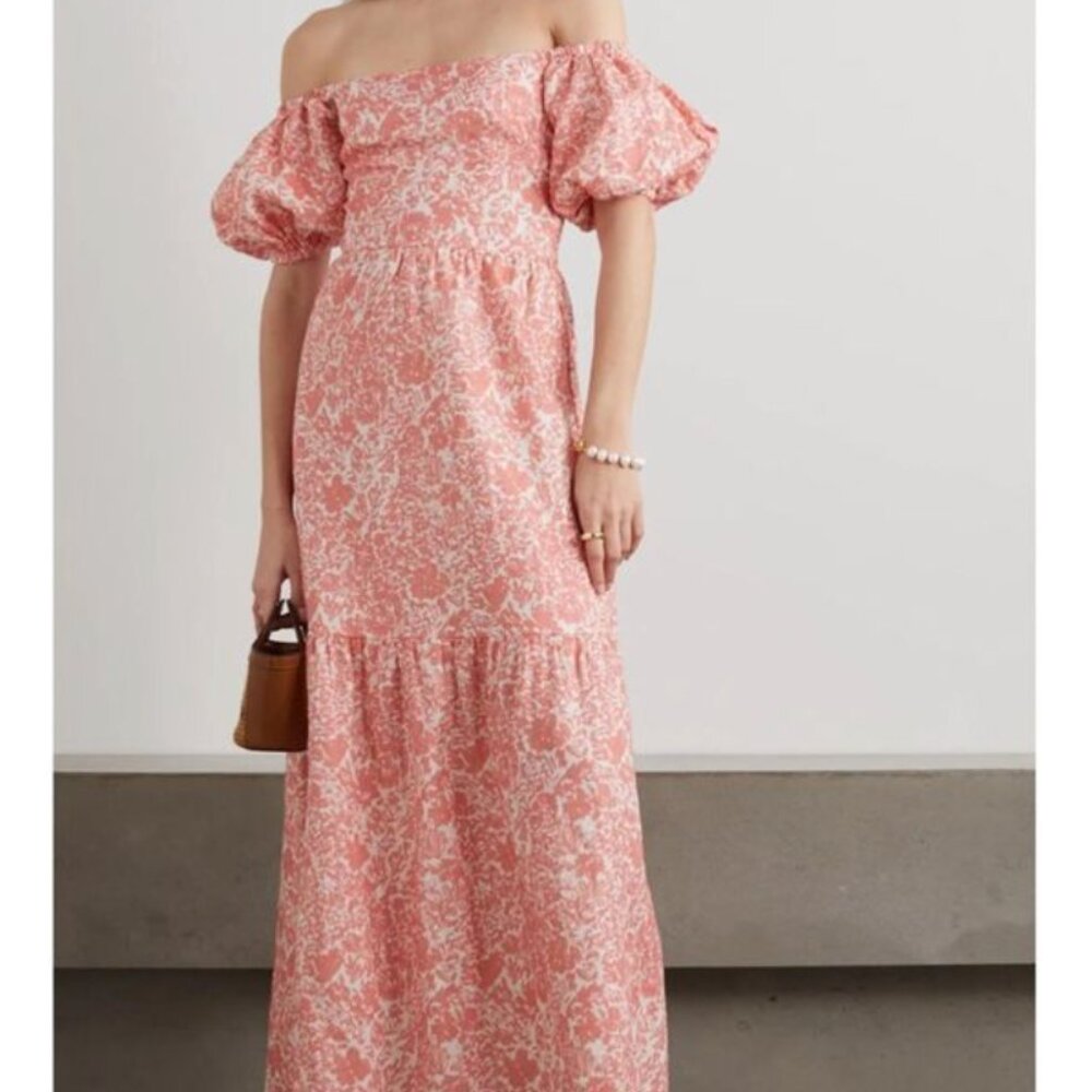 Peony Off-the-shoulder Floral-print Linen Maxi Dress - Pink (Size AU 8)